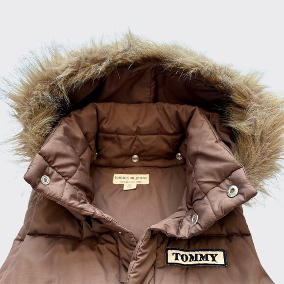 Tommy Jeans Vintage Brown Padded Vest Faux Fur Hood Removable Size S - Picture 4 of 15